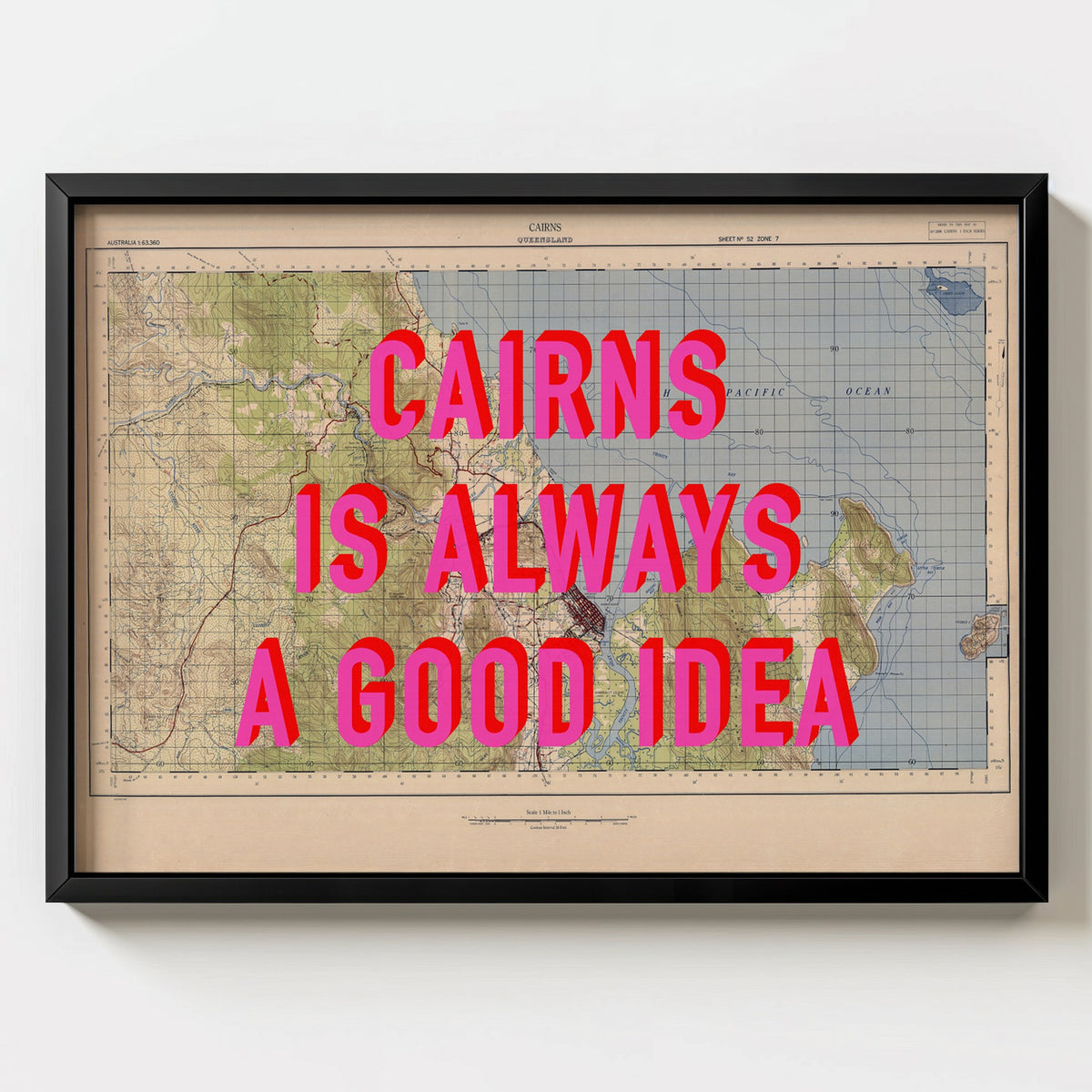 Cairns Retro Pop Art Map Print (landscape) - black frame mockup - Magic Posters Bold
