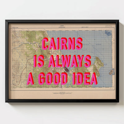 Cairns Retro Pop Art Map Print (landscape) - black frame mockup - Magic Posters Bold