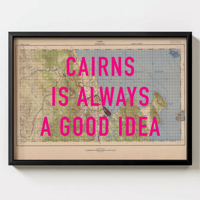 Cairns Retro Pop Art Map Print (landscape) - black frame mockup - Magic Posters