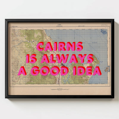 Cairns Retro Pop Art Map Print (landscape) - black frame mockup - Magic Posters