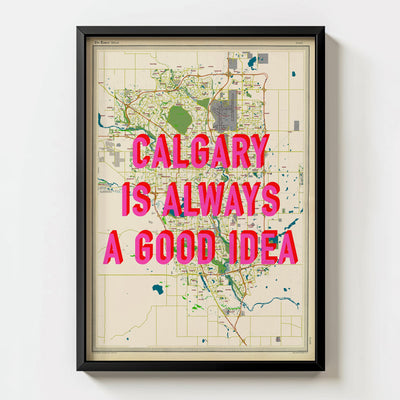 Calgary Retro Pop Art Map Print (portrait) - black frame mockup - Magic Posters Bold