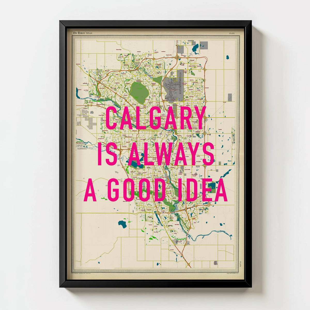 Calgary Retro Pop Art Map Print (portrait) - black frame mockup - Magic Posters