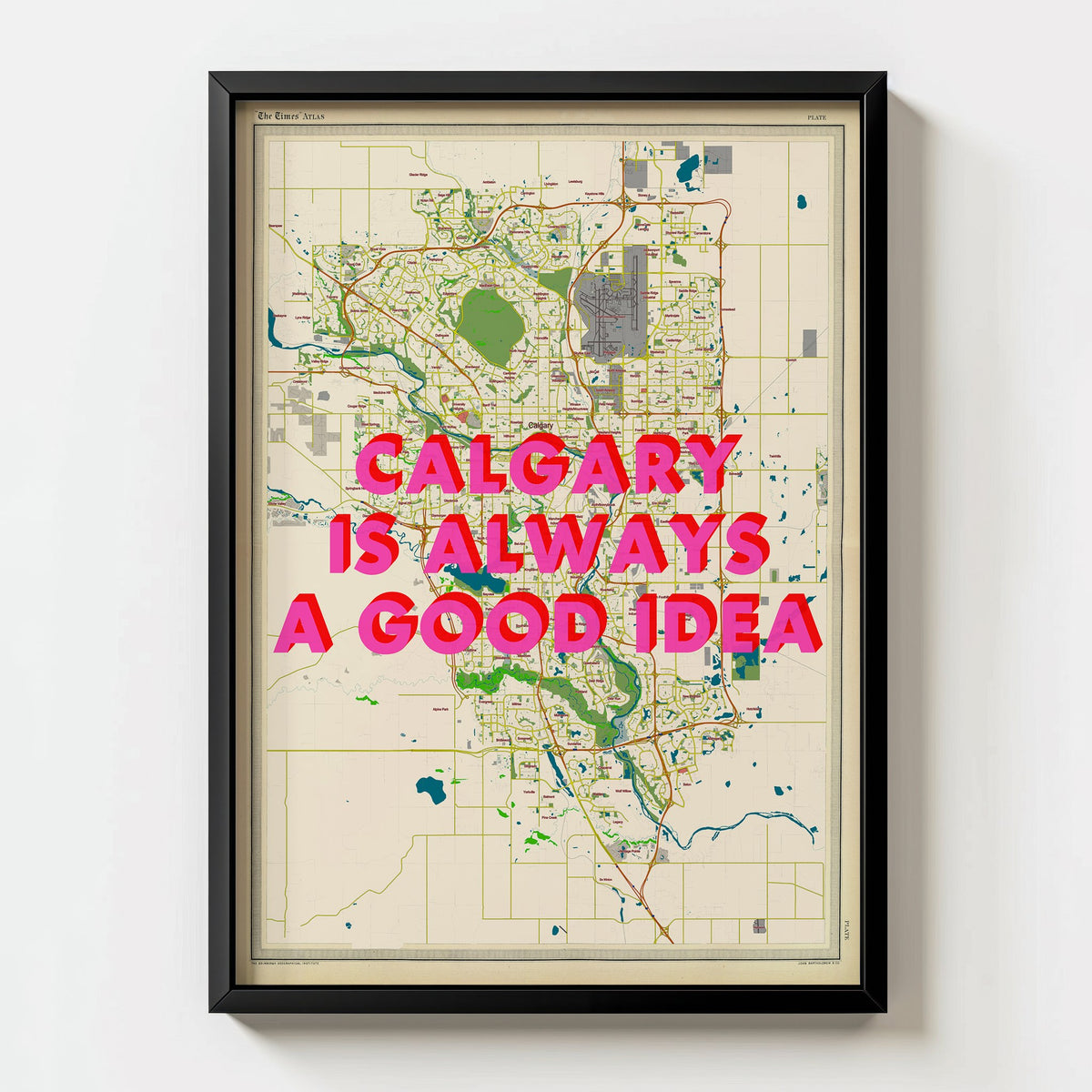 Calgary Retro Pop Art Map Print (portrait) - black frame mockup - Magic Posters