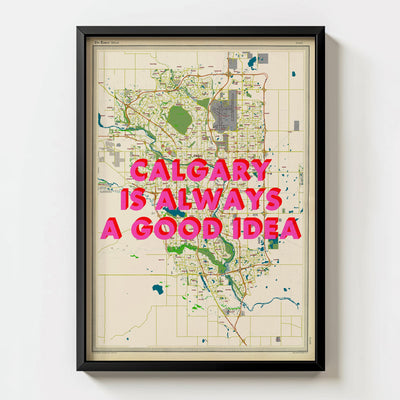 Calgary Retro Pop Art Map Print (portrait) - black frame mockup - Magic Posters