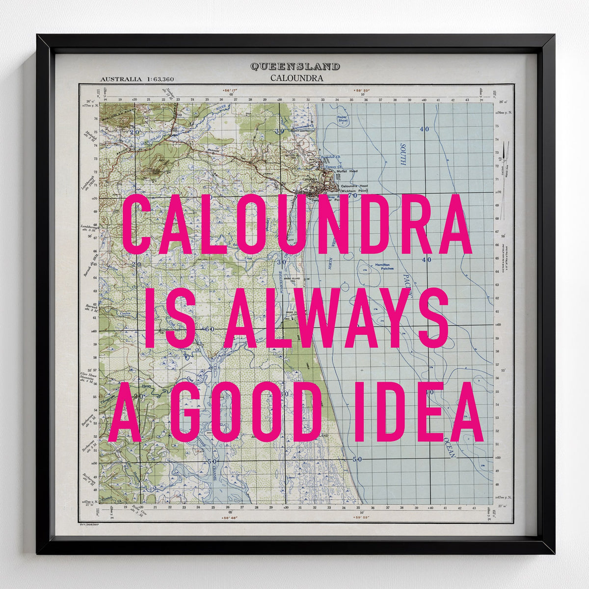 Caloundra Retro Pop Art Map Print (square) - black frame mockup - Magic Posters