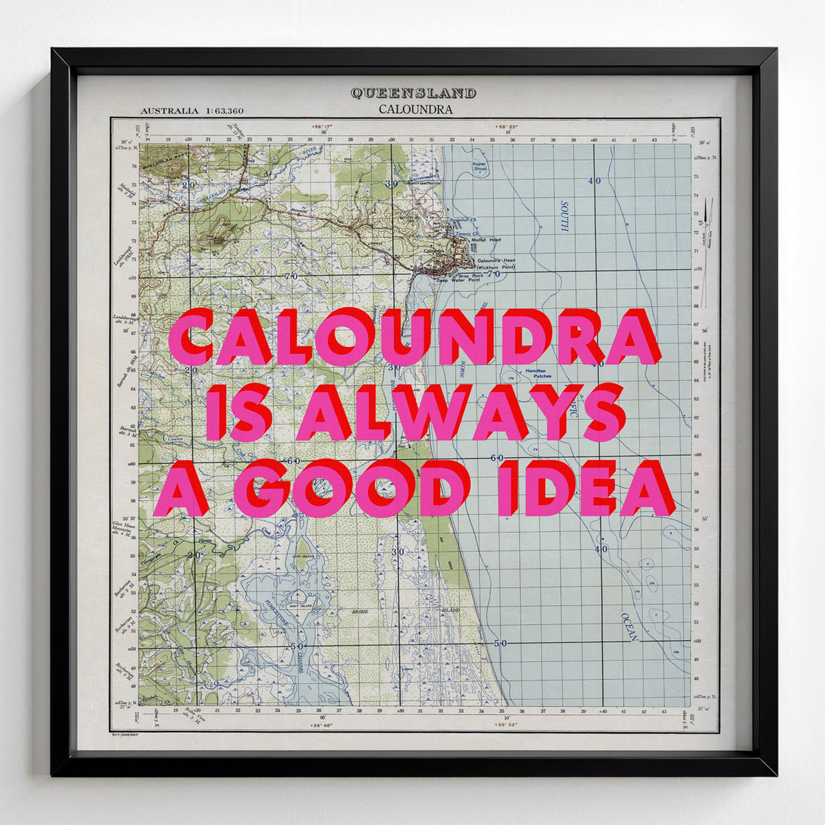 Caloundra Retro Pop Art Map Print (square) - black frame mockup - Magic Posters