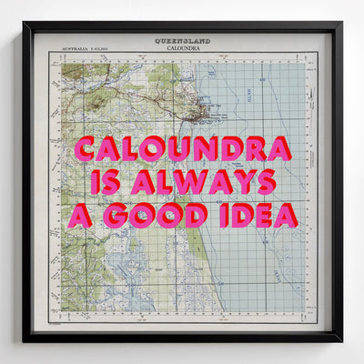 Caloundra Retro Pop Art Map Print (square) - black frame mockup - Magic Posters