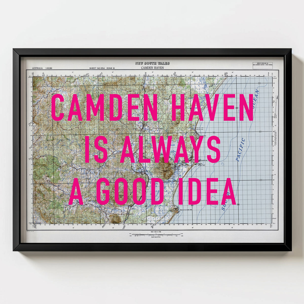 Camden Haven Retro Pop Art Map Print (landscape) - black frame mockup - Magic Posters