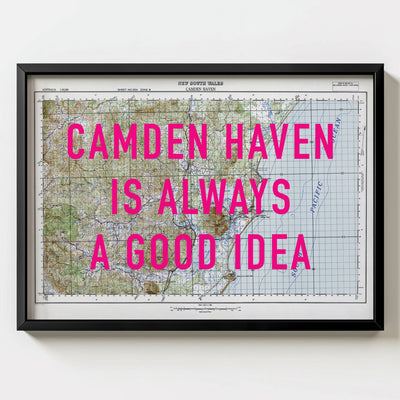Camden Haven Retro Pop Art Map Print (landscape) - black frame mockup - Magic Posters