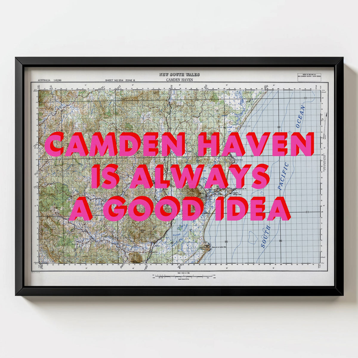 Camden Haven Retro Pop Art Map Print (landscape) - black frame mockup - Magic Posters