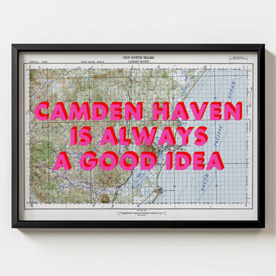 Camden Haven Retro Pop Art Map Print (landscape) - black frame mockup - Magic Posters