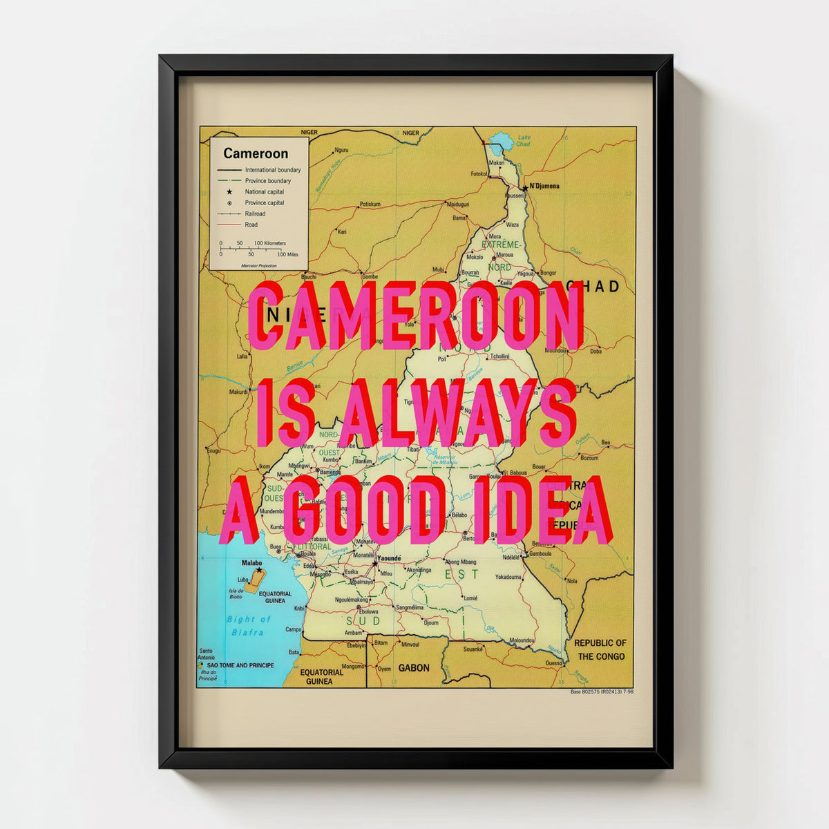Cameroon Retro Pop Art Map Print (portrait) - black frame mockup - Magic Posters Bold
