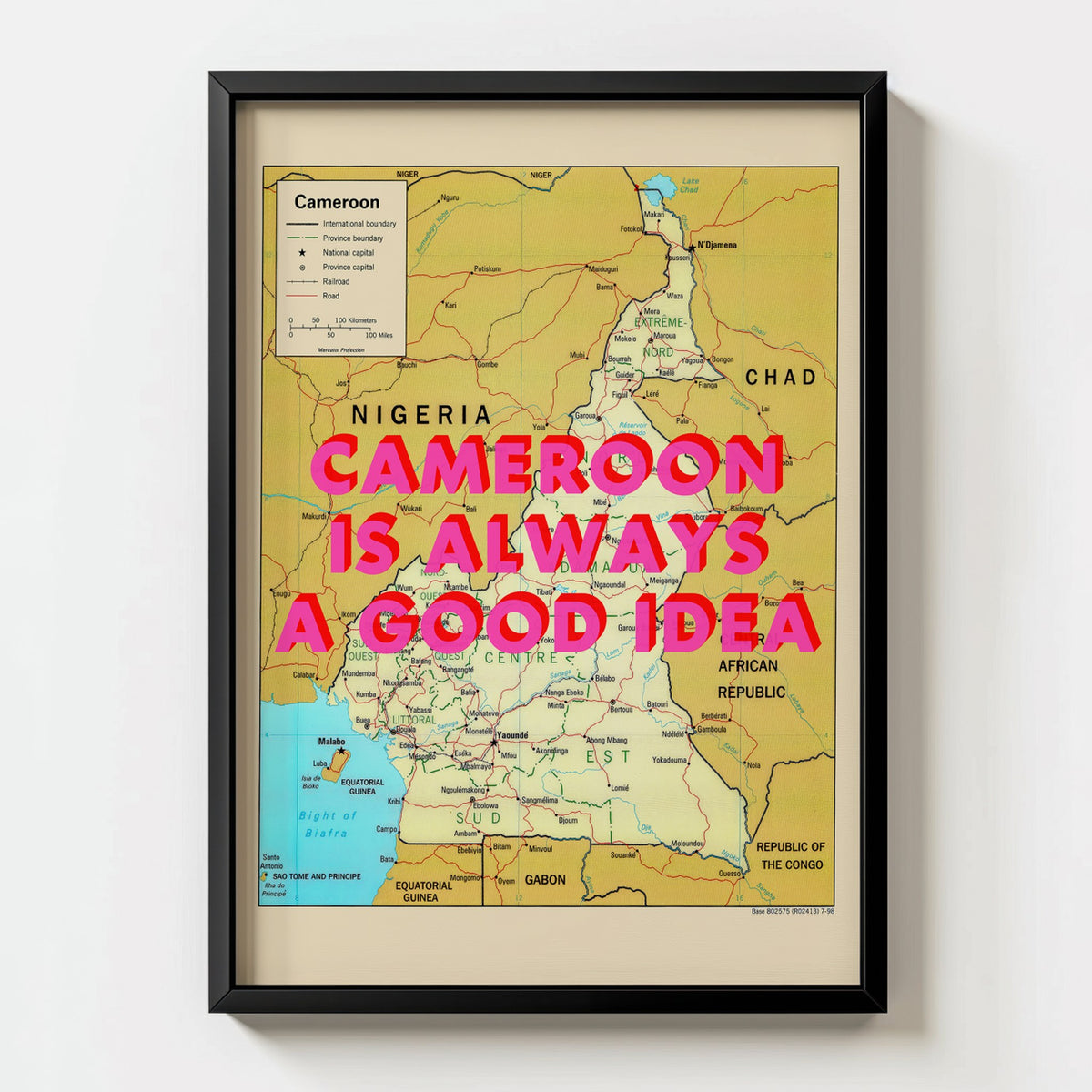 Cameroon Retro Pop Art Map Print (portrait) - black frame mockup - Magic Posters