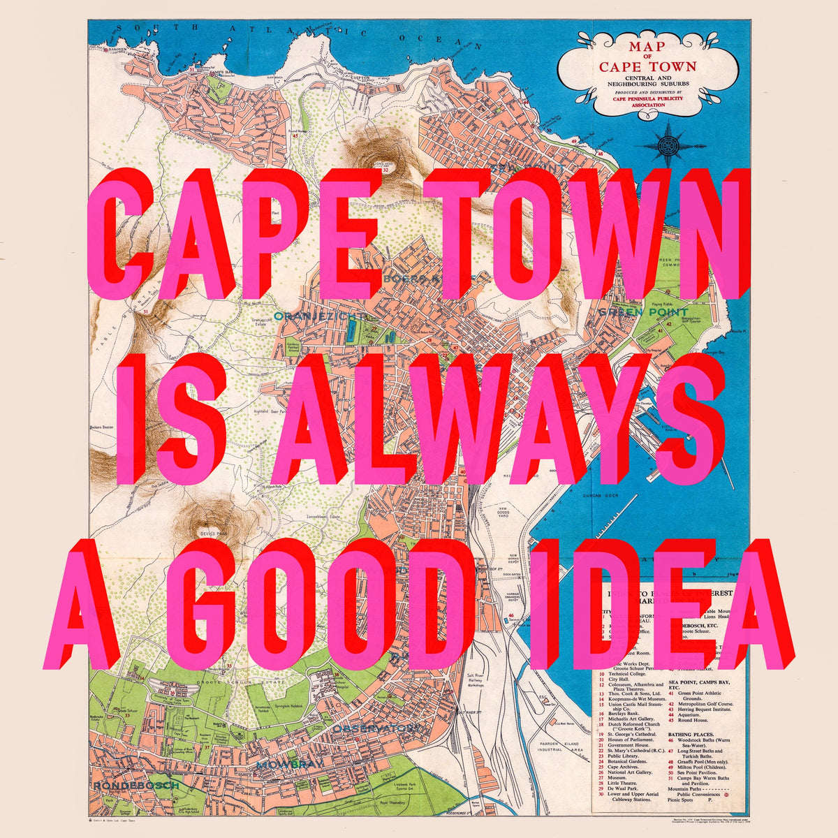 Cape Town Retro Pop Art Map Print (square)