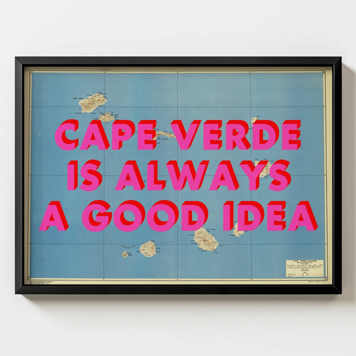 Cape Verde Retro Pop Art Map Print (Landscape) - black frame mockup - Magic Posters