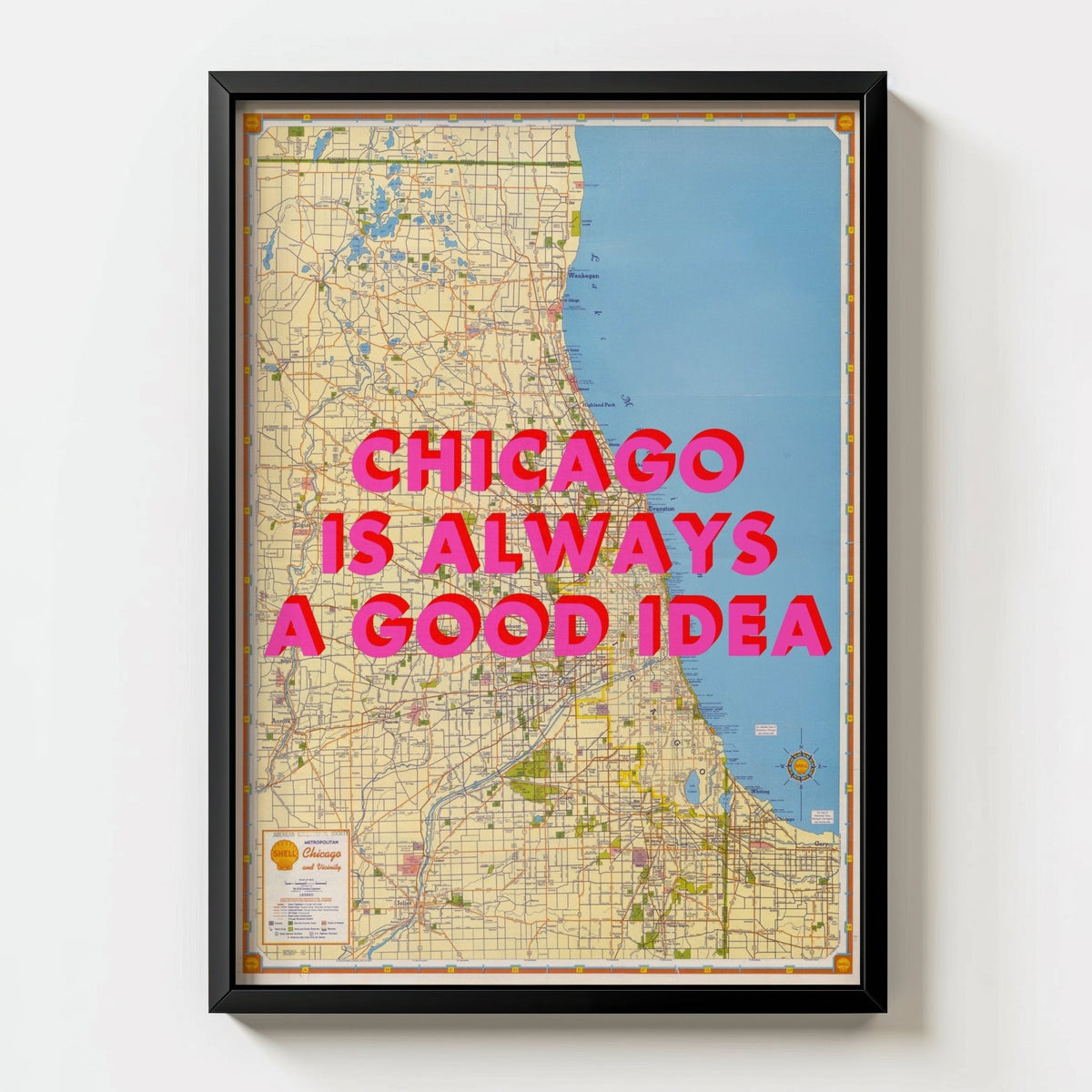 Chicago Retro Pop Art Map Print (portrait) - black frame mockup - Magic Posters