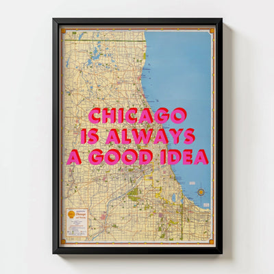 Chicago Retro Pop Art Map Print (portrait) - black frame mockup - Magic Posters