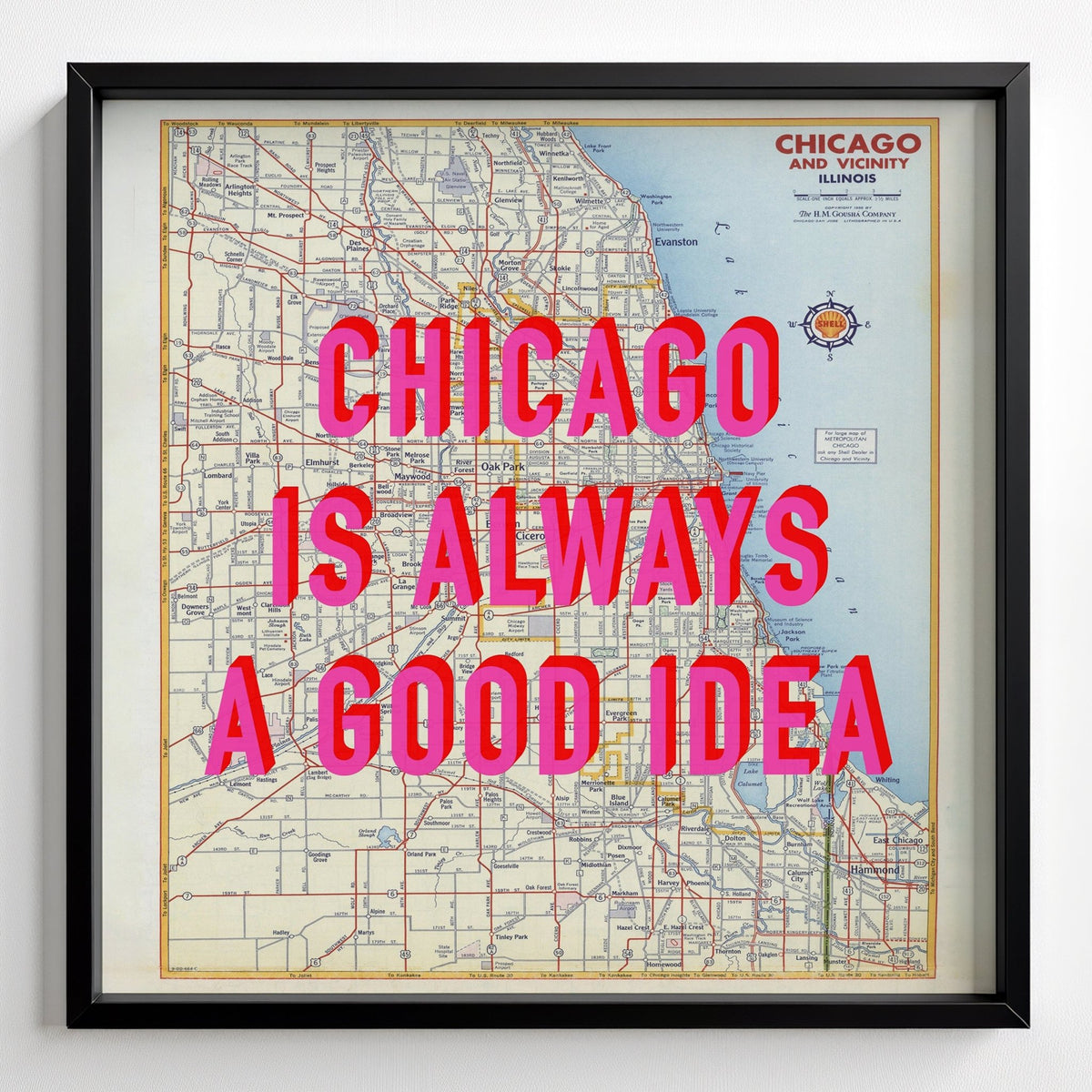 Chicago Retro Pop Art Map Print (Square) - black frame mockup - Magic Posters