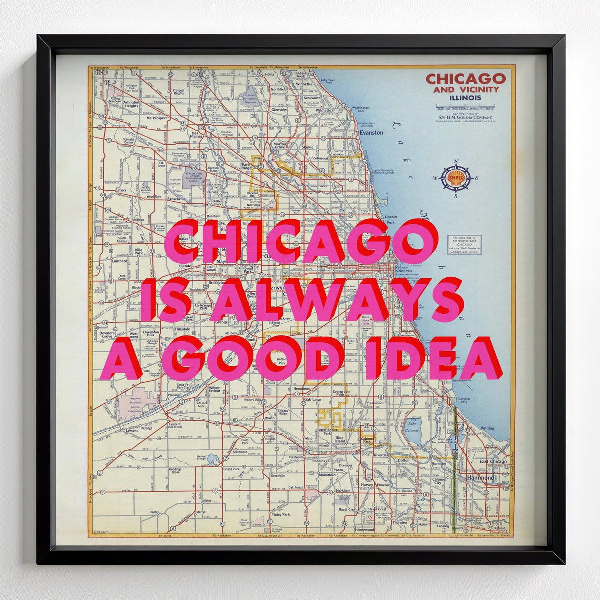 Chicago Retro Pop Art Map Print (Square) - black frame mockup - Magic Posters