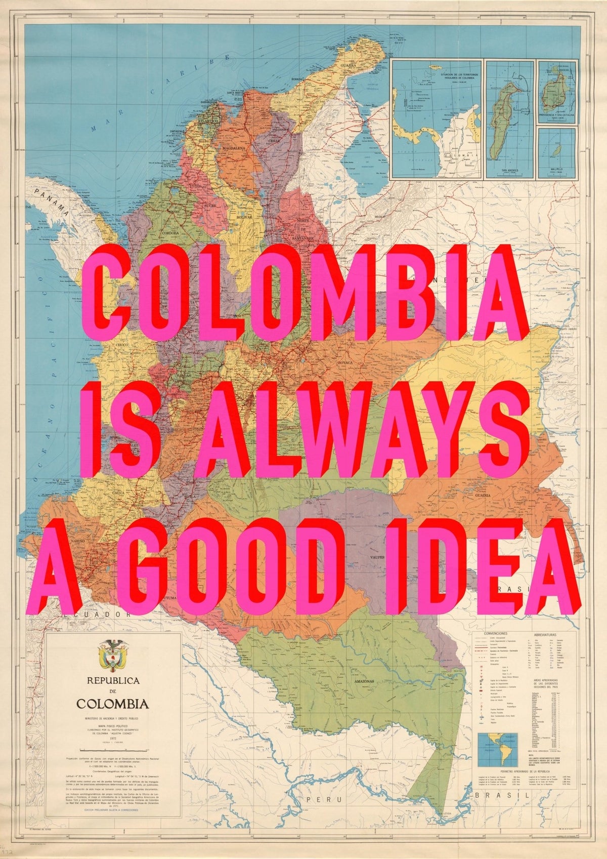 Colombia Retro Pop Art Map Print (Portrait)