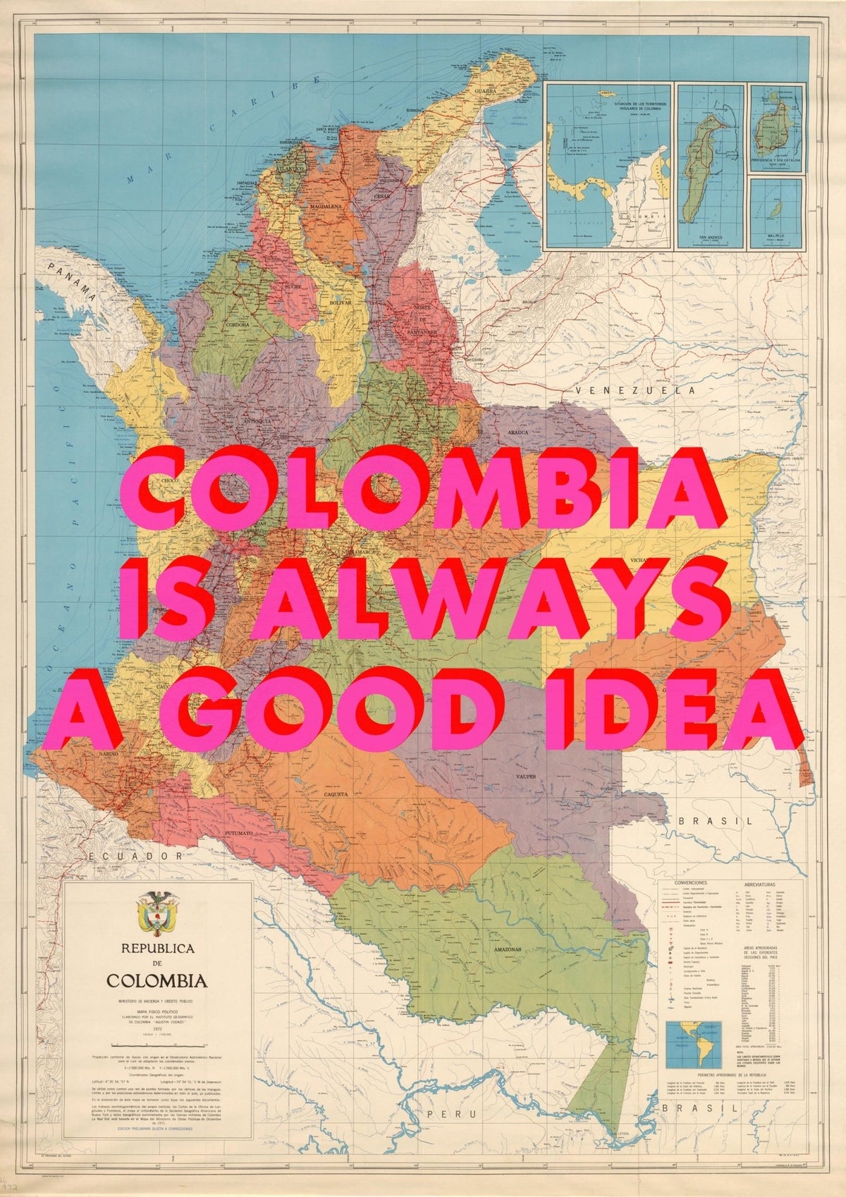 Colombia Retro Pop Art Map Print (Portrait)