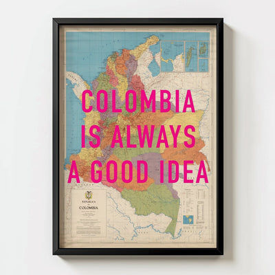 Colombia Retro Pop Art Map Print (Portrait) - black frame mockup - Magic Posters