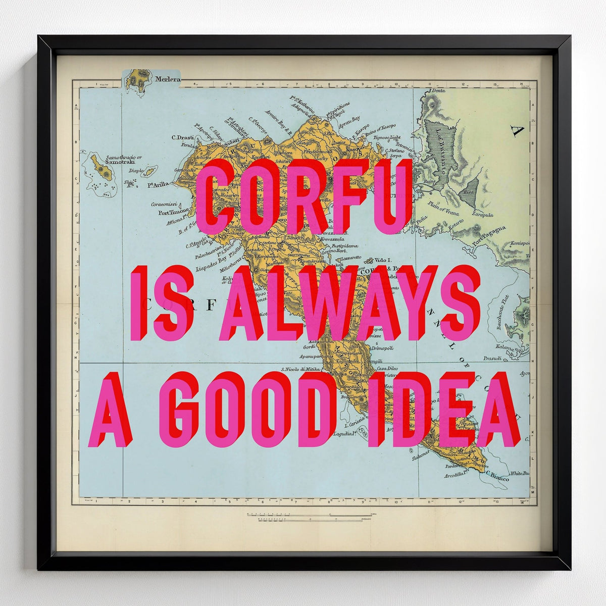 Corfu Retro Pop Art Map Print - black frame mockup - Magic Posters