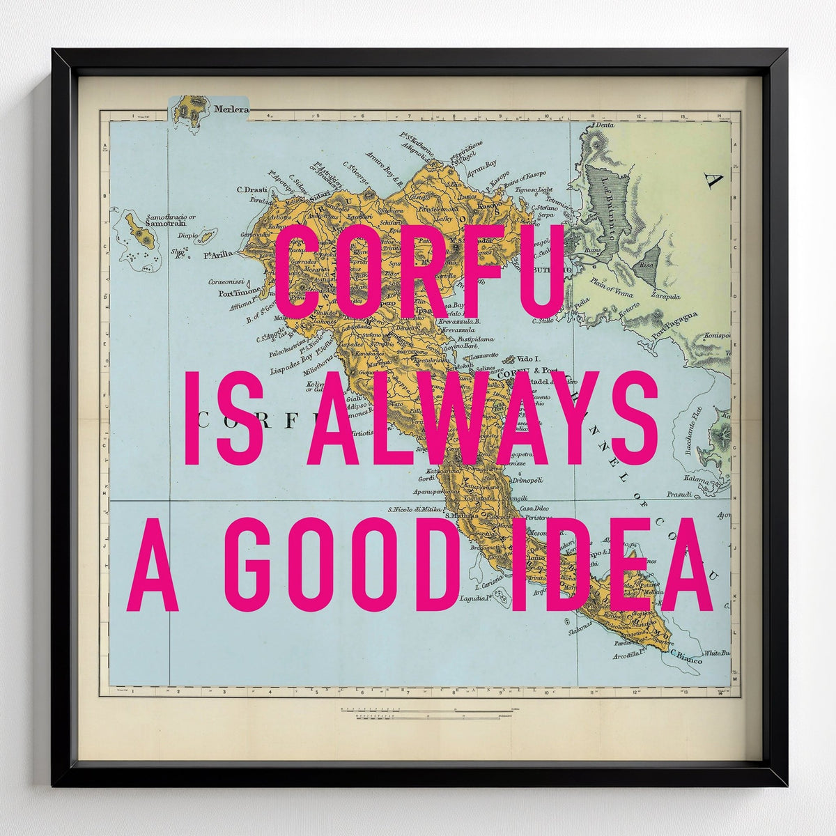 Corfu Retro Pop Art Map Print - black frame mockup - Magic Posters