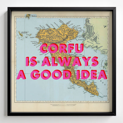Corfu Retro Pop Art Map Print - black frame mockup - Magic Posters