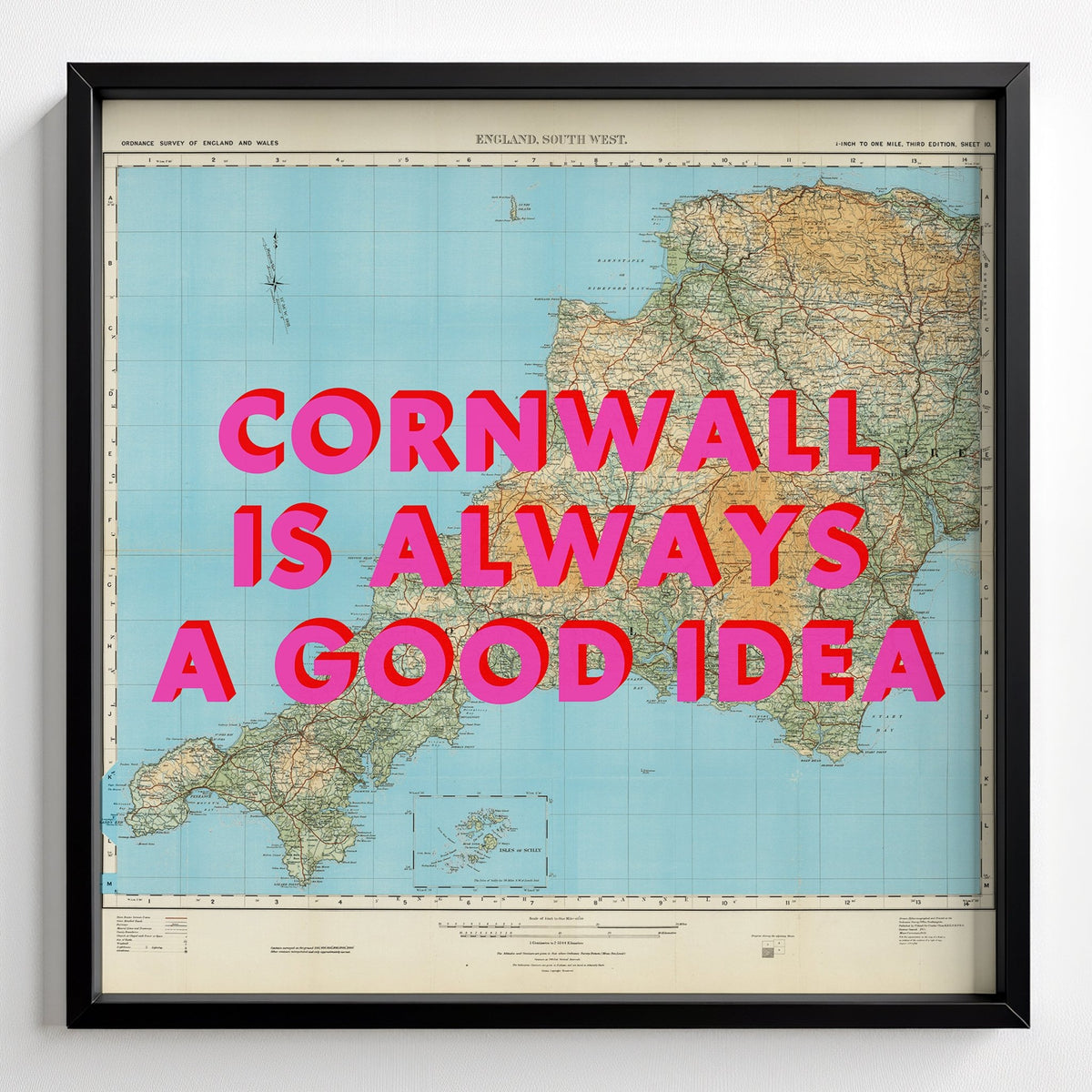 Cornwall Retro Pop Art Map Print - black frame mockup - Magic Posters