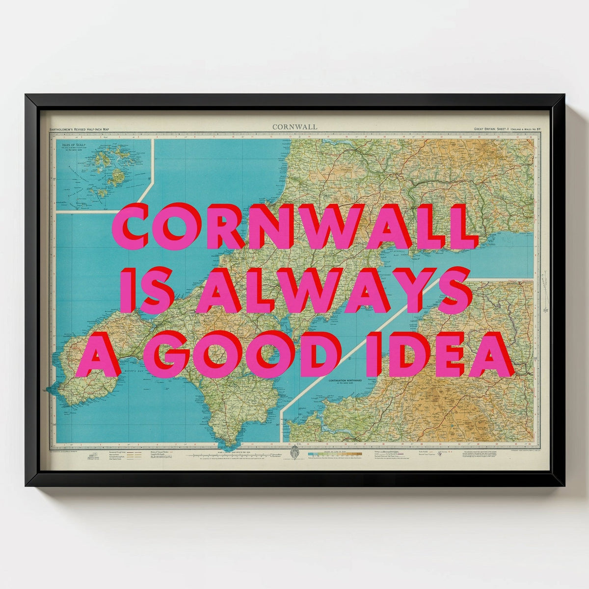 Cornwall Retro Pop Art Map Print - black frame mockup - Magic Posters