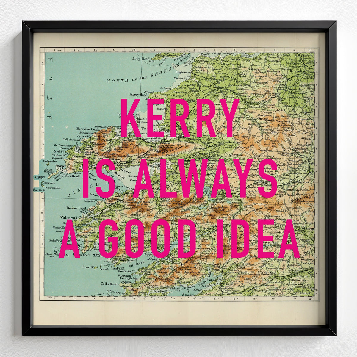 County Kerry Retro Pop Art Map Print (Ireland) - black frame mockup - Magic Posters