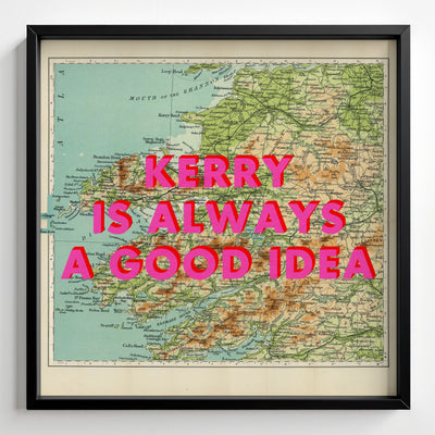 County Kerry Retro Pop Art Map Print (Ireland) - black frame mockup - Magic Posters