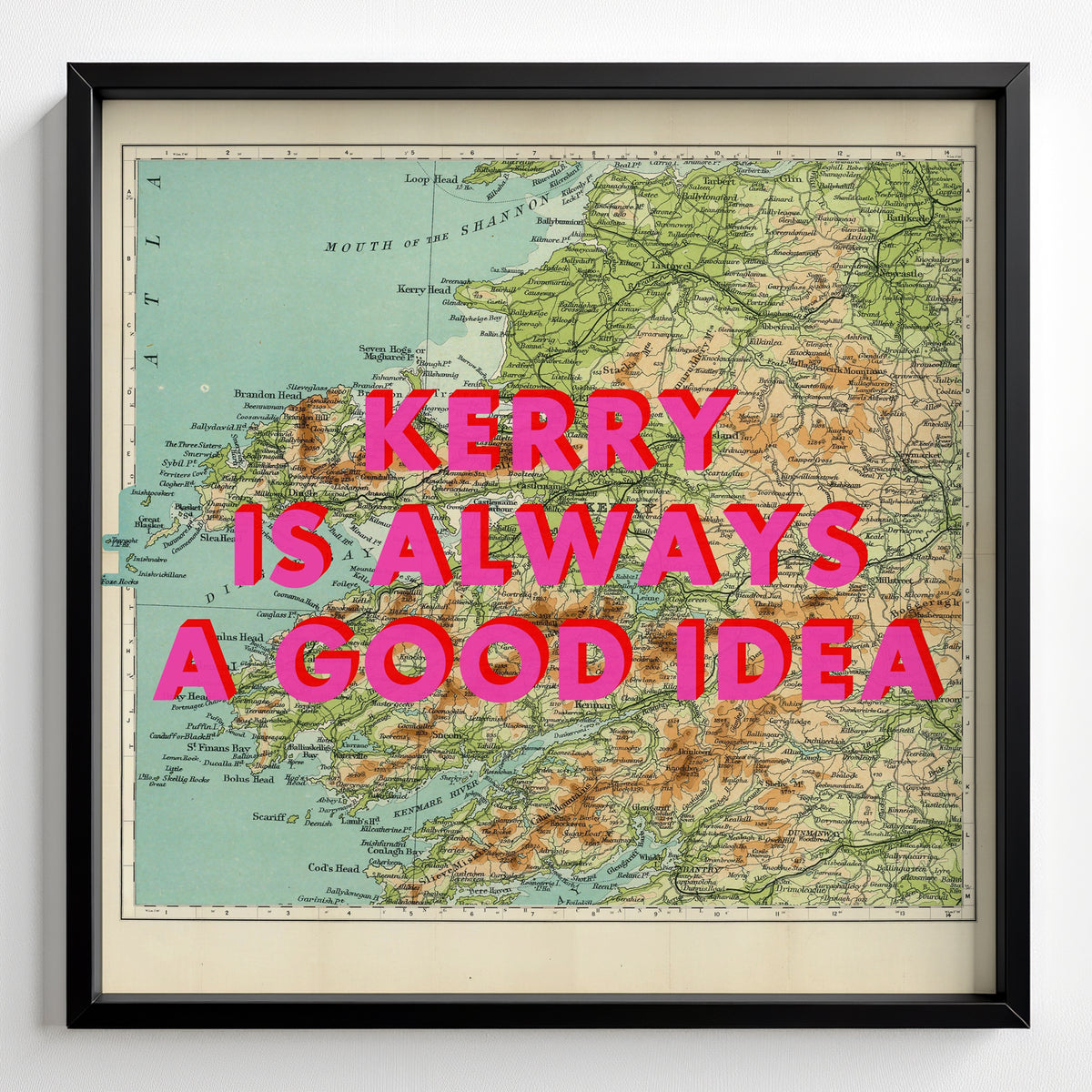 County Kerry Retro Pop Art Map Print (Ireland) - black frame mockup - Magic Posters