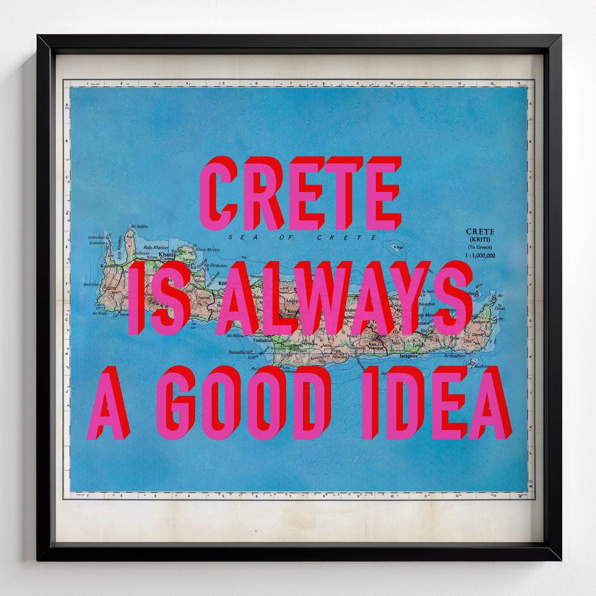 Crete Retro Pop Art Map Print - black frame mockup - Magic Posters