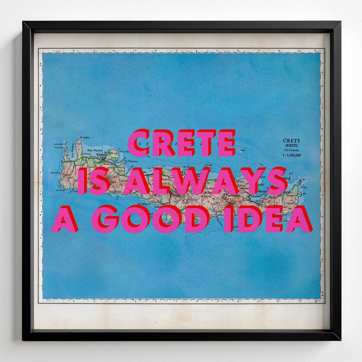 Crete Retro Pop Art Map Print - black frame mockup - Magic Posters