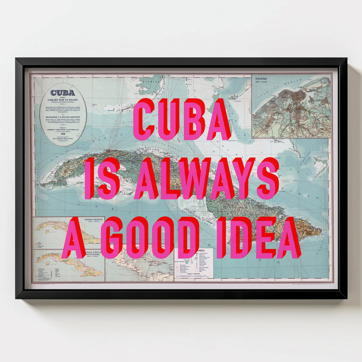 Cuba Retro Pop Art Map Print (landscape) - black frame mockup - Magic Posters Bold