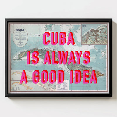 Cuba Retro Pop Art Map Print (landscape) - black frame mockup - Magic Posters Bold