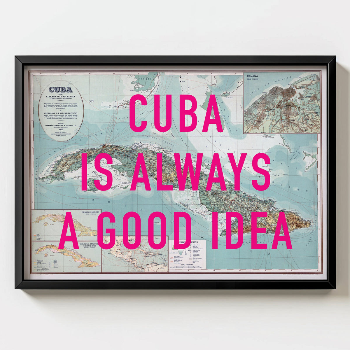 Cuba Retro Pop Art Map Print (landscape) - black frame mockup - Magic Posters