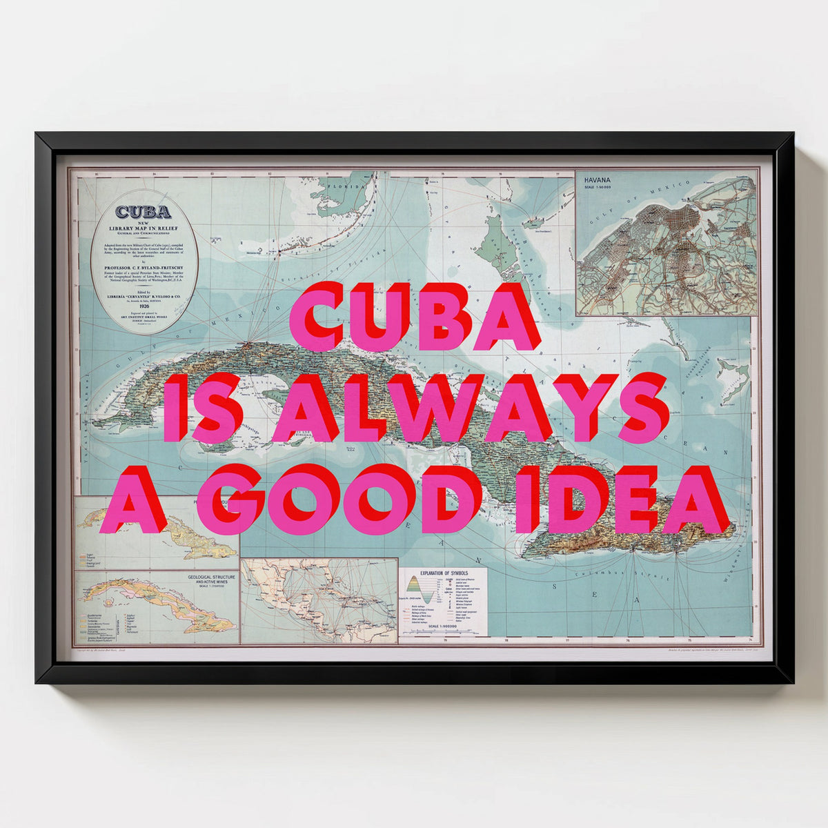 Cuba Retro Pop Art Map Print (landscape) - black frame mockup - Magic Posters