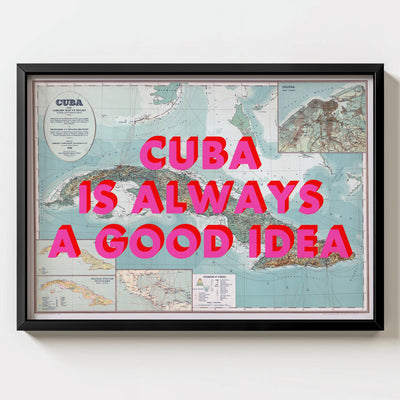 Cuba Retro Pop Art Map Print (landscape) - black frame mockup - Magic Posters