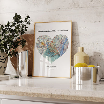 Custom Heart Map Print Any 3 Locations - White - Magic Posters