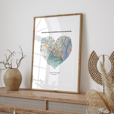 Custom Heart Map Print Any 3 Locations - White - Magic Posters