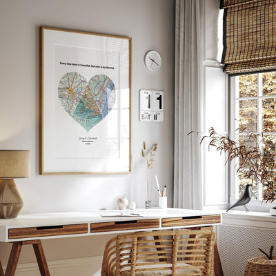 Custom Heart Map Print Any 3 Locations - White - Magic Posters