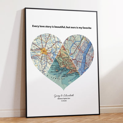 Custom Heart Map Print Any 3 Locations - White - Magic Posters