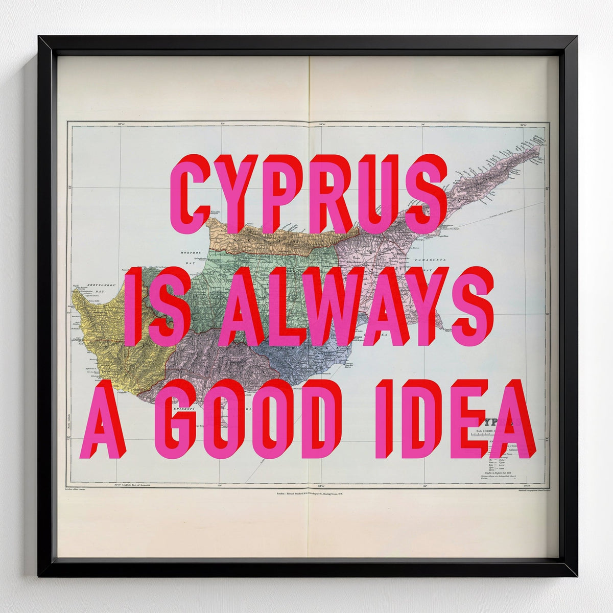 Cyprus Retro Pop Art Map Print - black frame mockup - Magic Posters