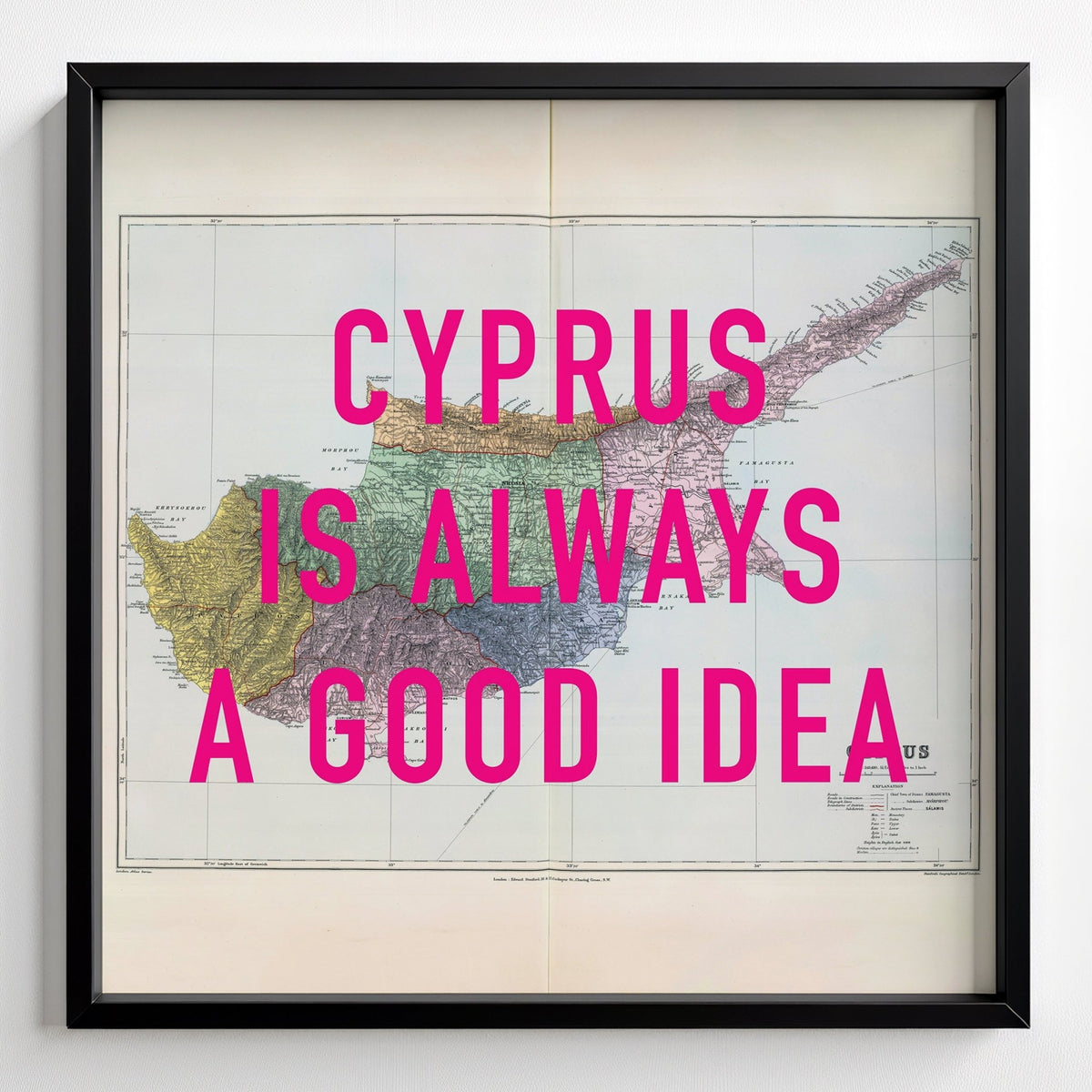 Cyprus Retro Pop Art Map Print - black frame mockup - Magic Posters