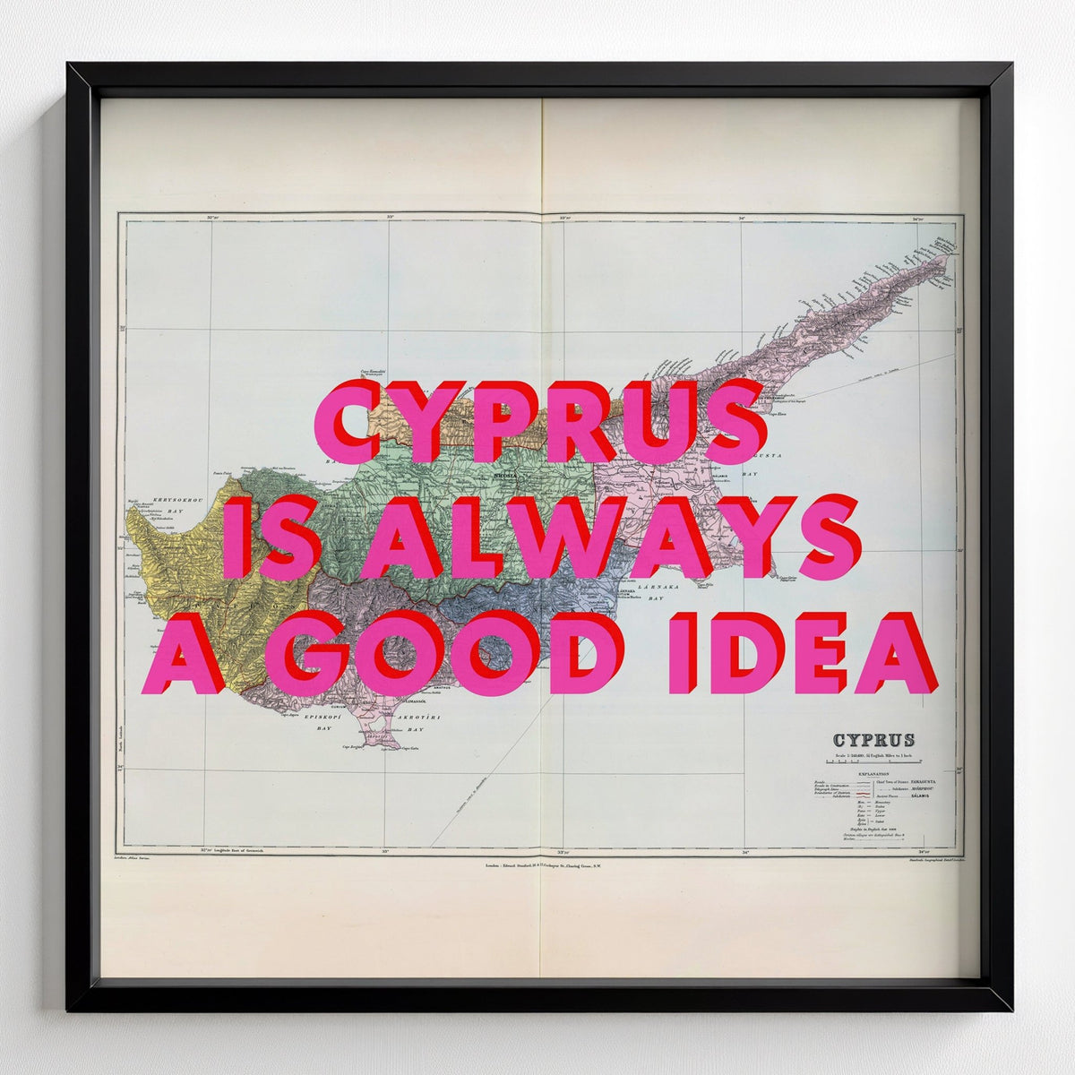 Cyprus Retro Pop Art Map Print - black frame mockup - Magic Posters