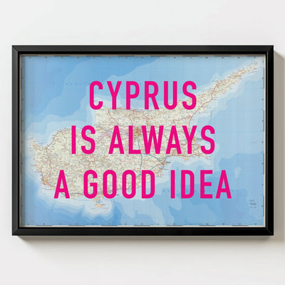 Cyprus Retro Pop Art Map Print (Landscape) - black frame mockup - Magic Posters