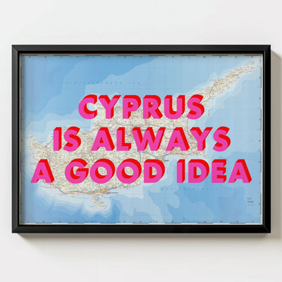 Cyprus Retro Pop Art Map Print (Landscape) - black frame mockup - Magic Posters